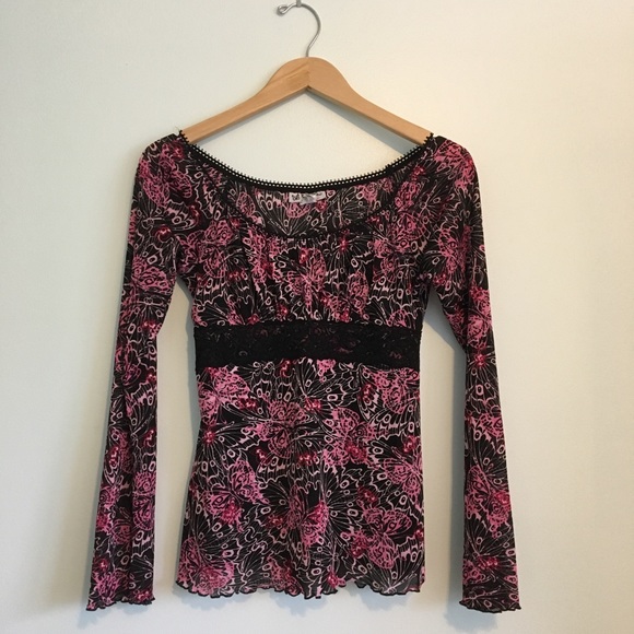 2000’s Pink & Black Butterfly Blouse Juniors Large - Picture 1 of 5